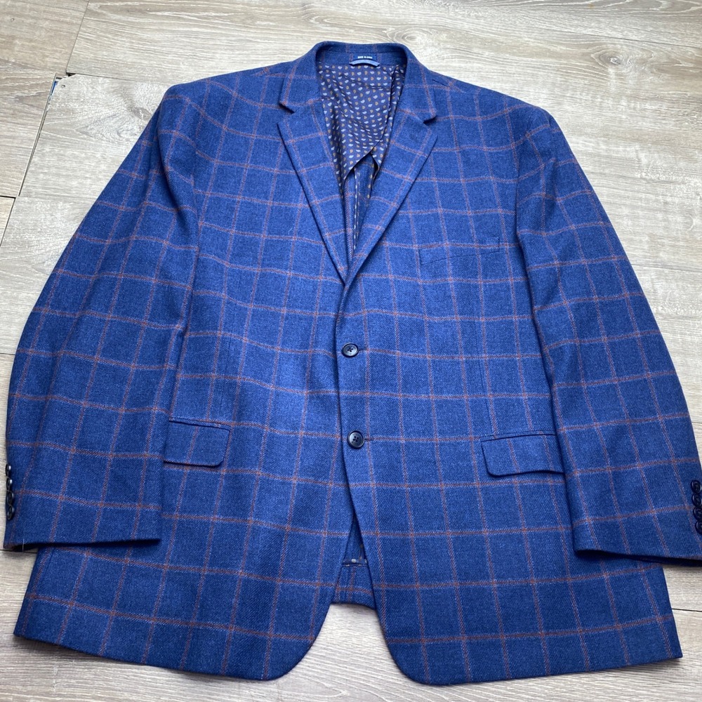 Crown & Ivy Mens Blazer Sport Coat 44R Blue Plaid Wool Blend Windowpane Jacket